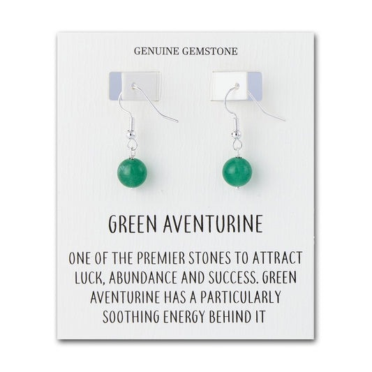 Green Aventurine Gemstone Round Drop Earrings with Quote Card