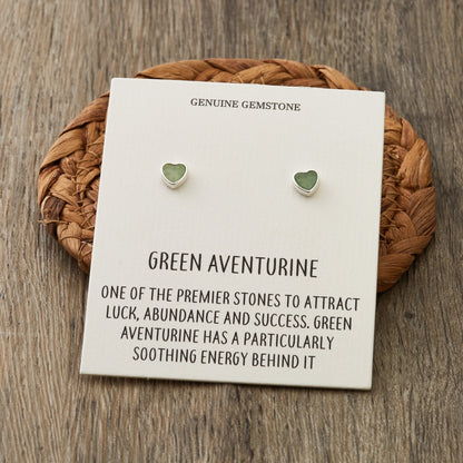 Green Aventurine Heart Stud Earrings with Quote Card