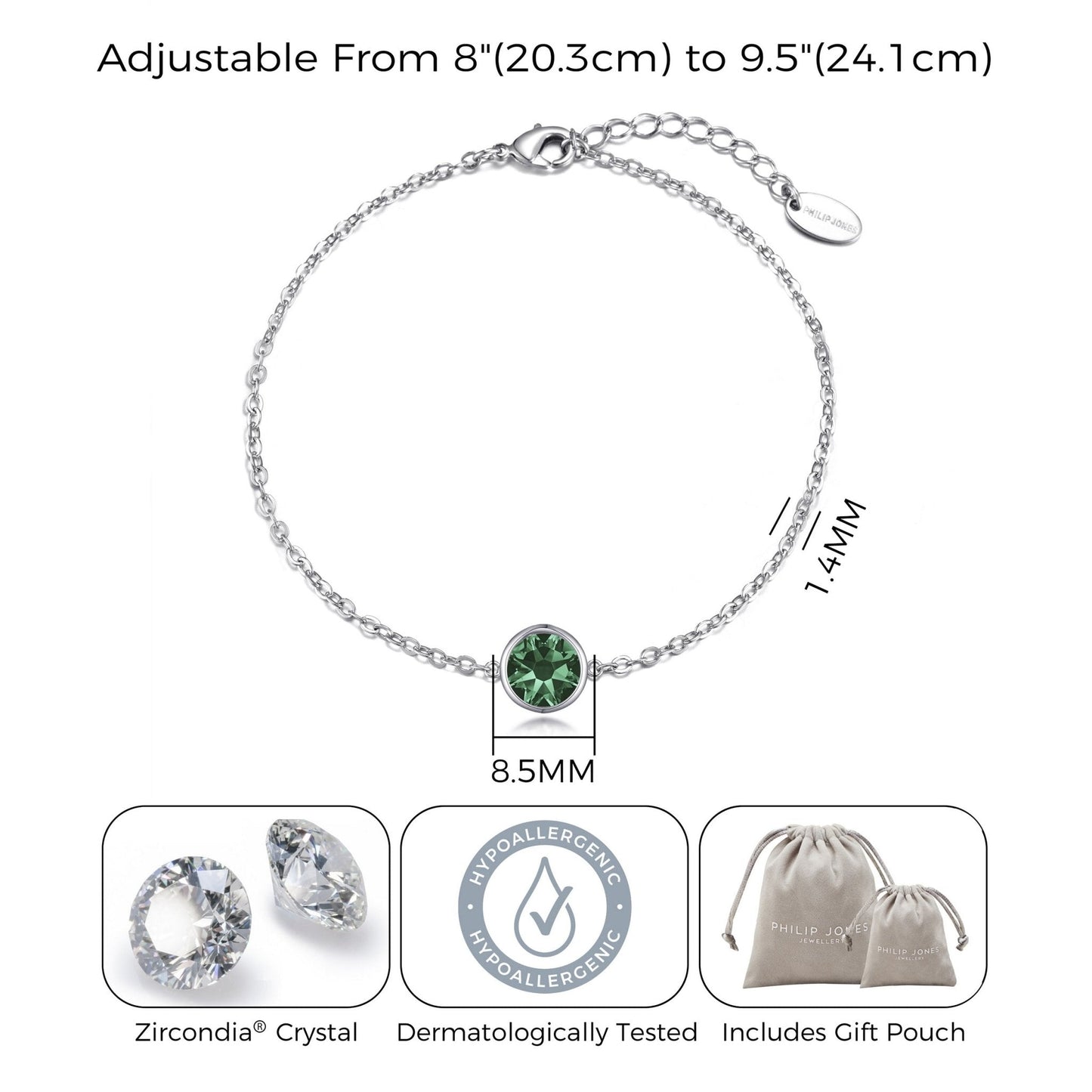 May (Emerald) Birthstone Anklet Created with Zircondia® Crystals