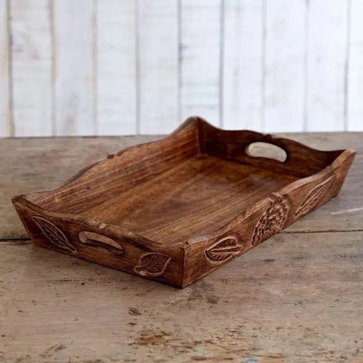 Hand Carved Wooden Tea Tray - Mango Wood Serving Tray