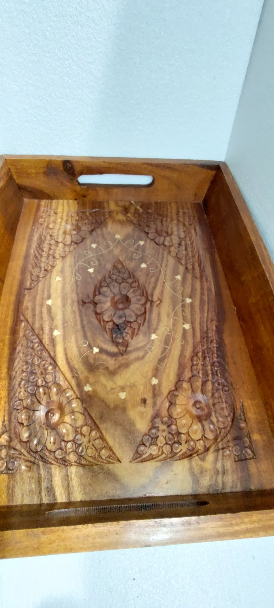 Hand crafted 3 set sasswood trays with carving and bras work