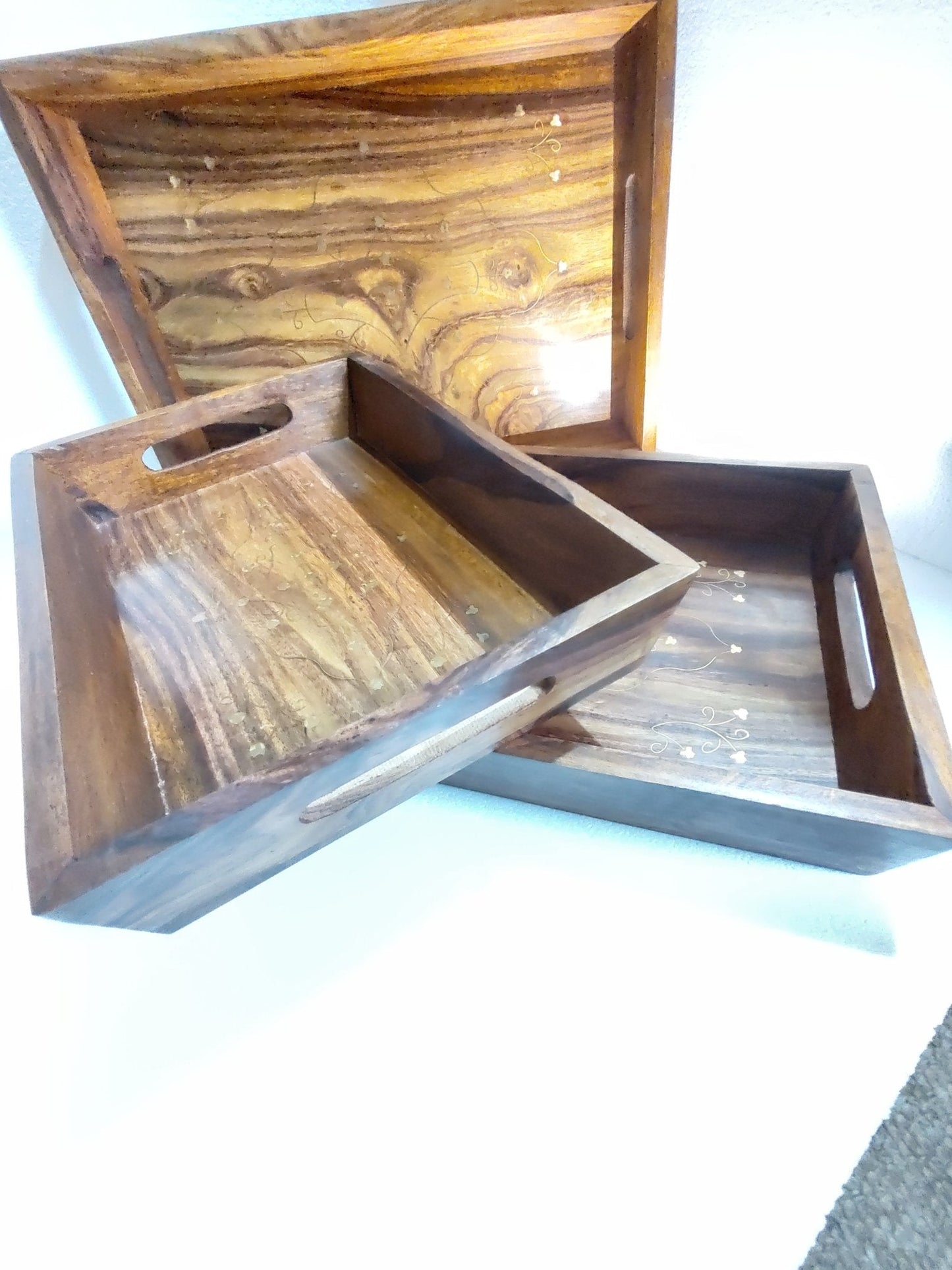 Hand crafted 3 set sasswood trays with carving and bras work