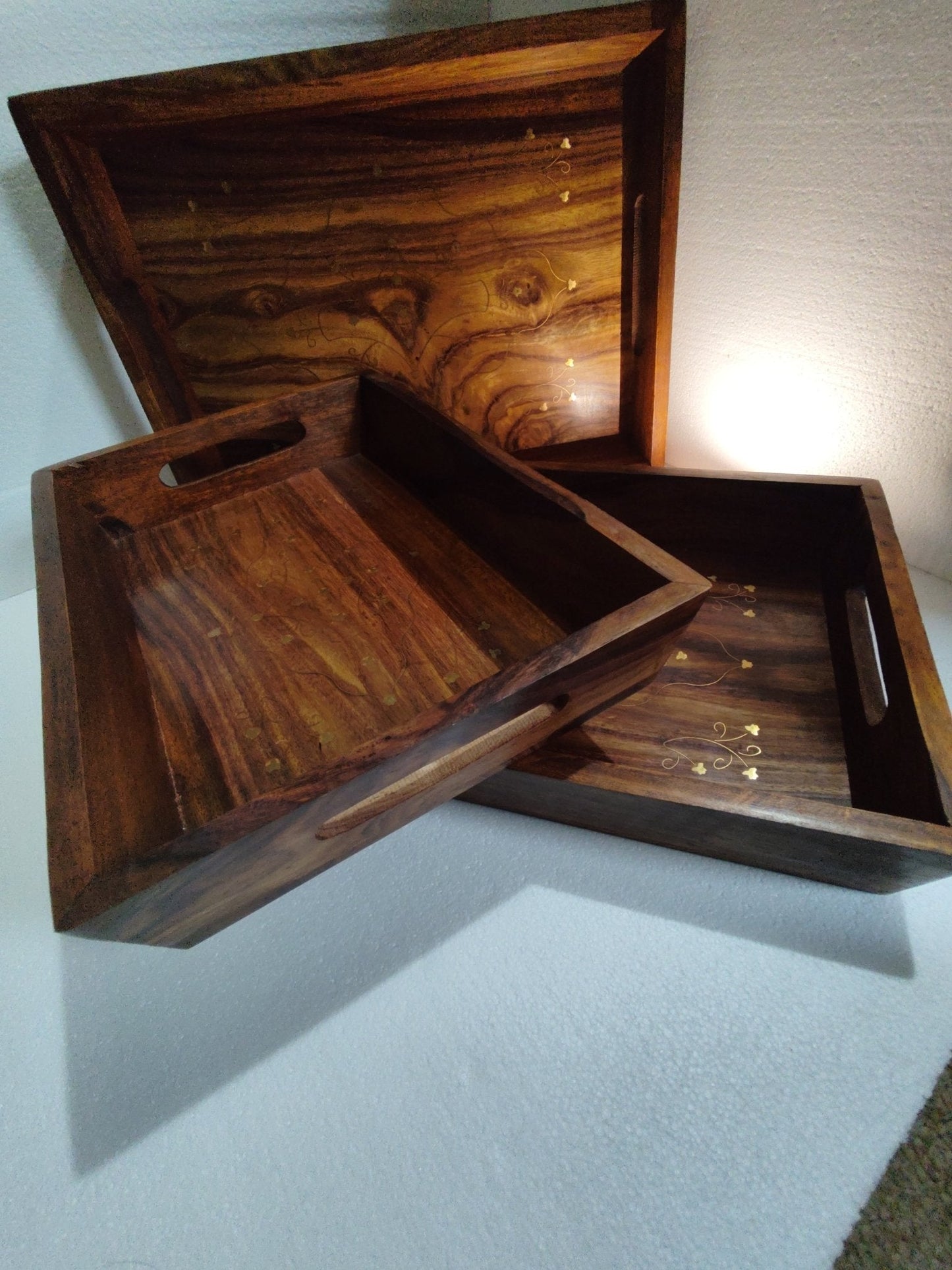 Hand crafted 3 set sasswood trays with carving and bras work