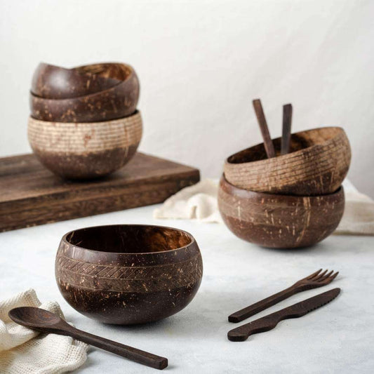 Hand crafted Coconut Bowls & Wooden Spoon set
