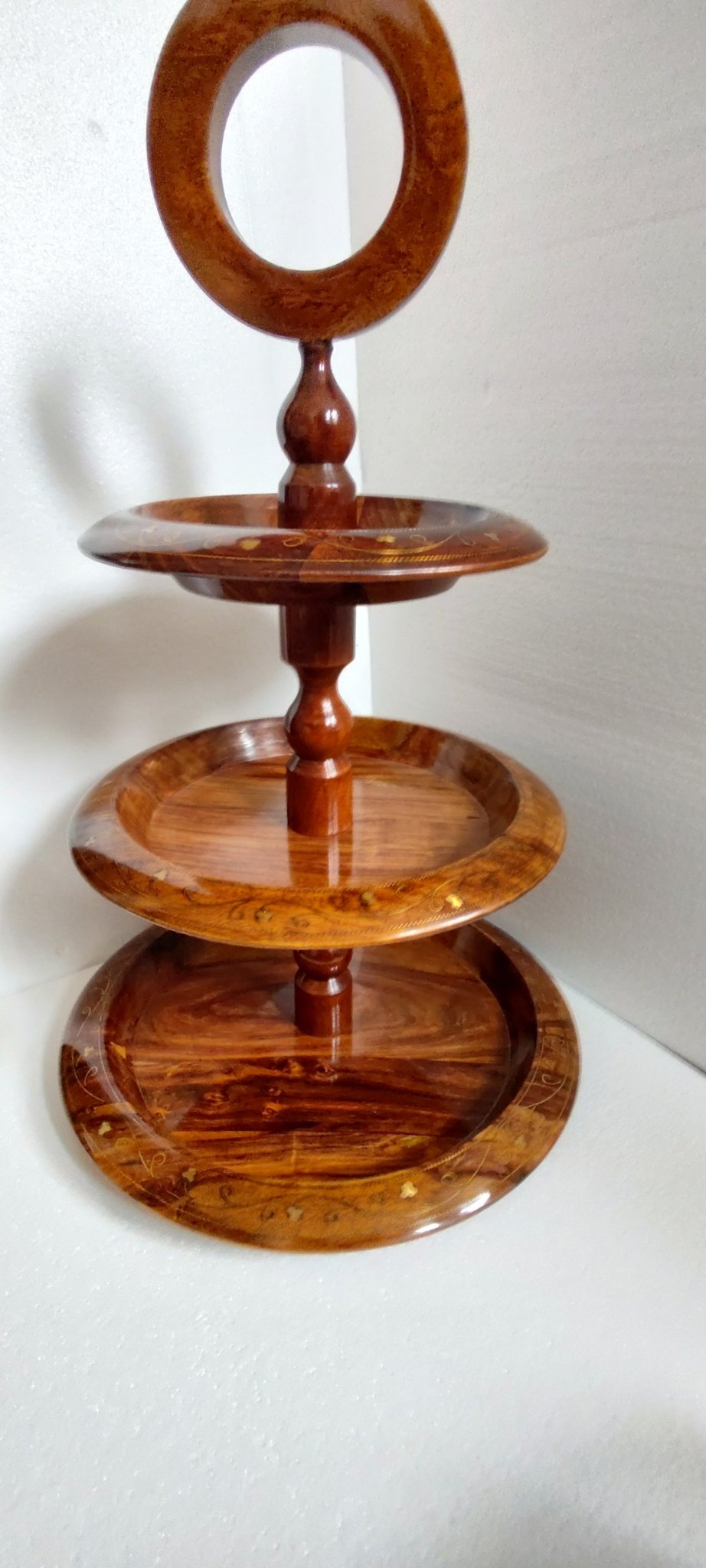 Hand crafted with bras work 3 tier rosewood dessert serving tray