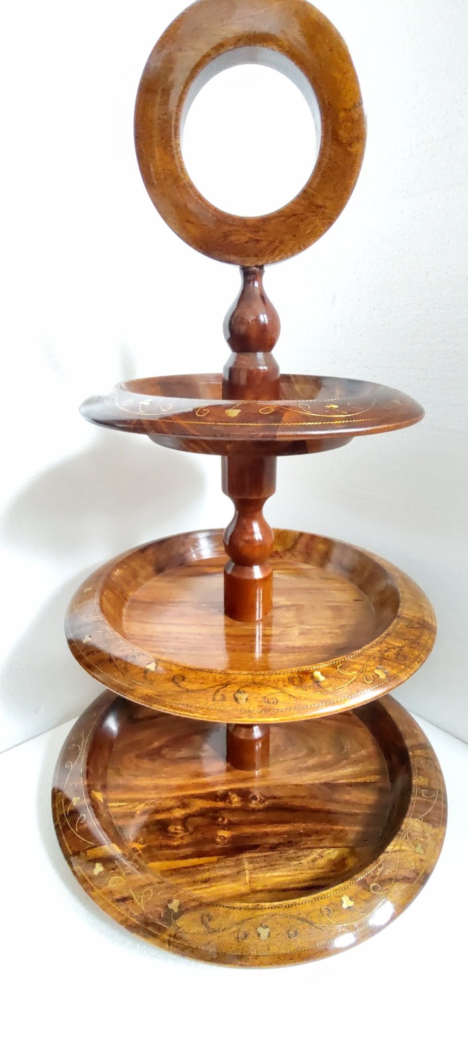 Hand crafted with bras work 3 tier rosewood dessert serving tray