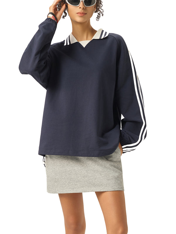 Contrast Striped Lapel Collar Sweatshirt