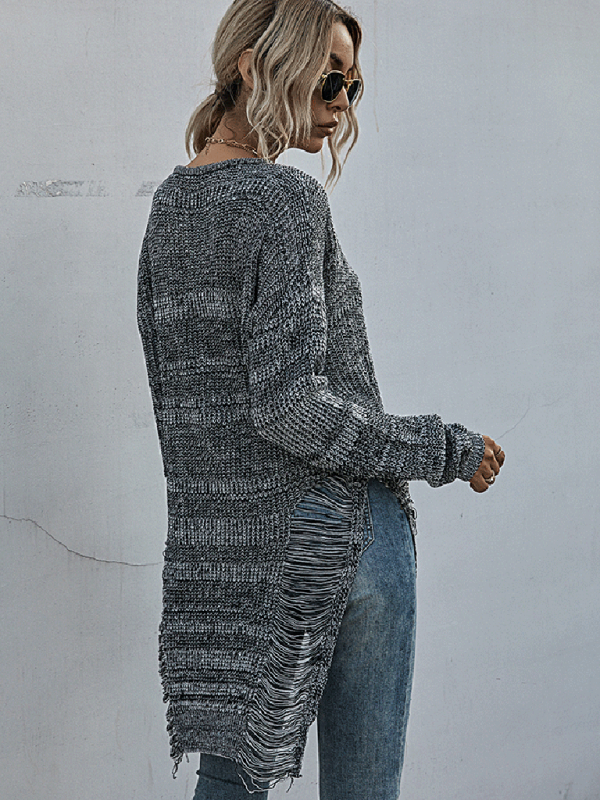 women's long sleeve round neck ripped knitted forest sweater