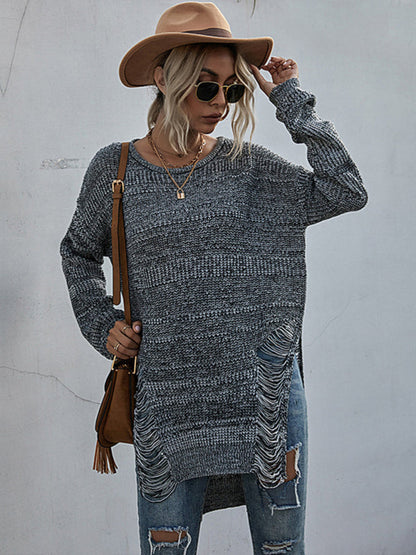 women's long sleeve round neck ripped knitted forest sweater