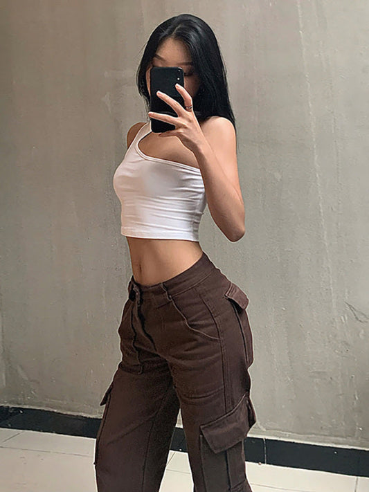 Pantalon cargo tendance taille basse à empiècements et poches pour femme