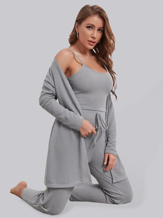 Ensemble trois pièces long en tricot gaufré pour femme