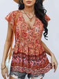 Women's Bohemian Print Ruffle Short Sleeve Blouse