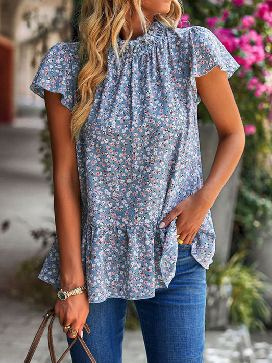 Nouvelle blouse d'été à col roulé imprimé floral style décontracté pour les vacances
