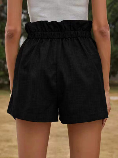 Shorts à enfiler à volants et cordon de serrage texturés de couleur unie pour femmes