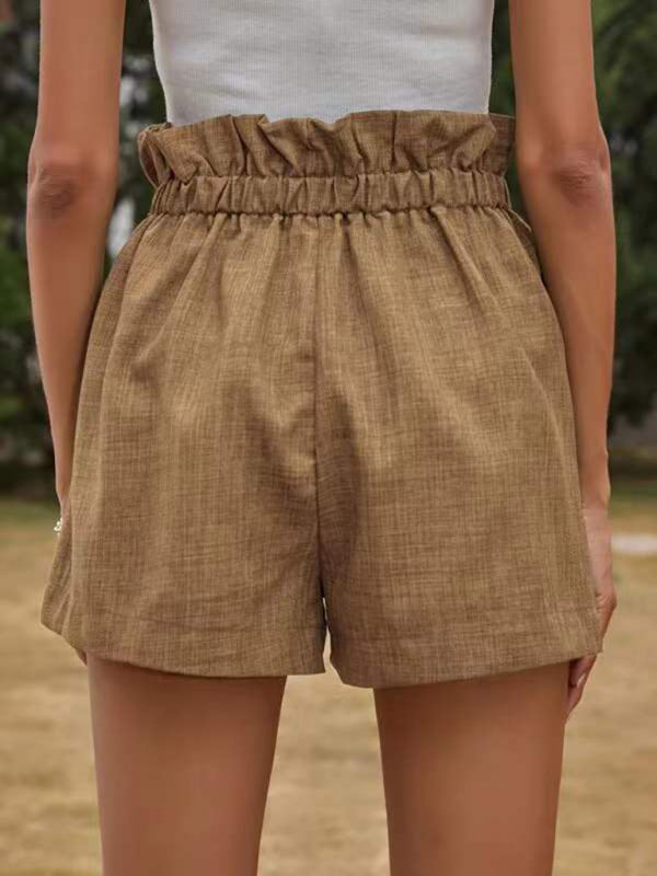 Shorts à enfiler à volants et cordon de serrage texturés de couleur unie pour femmes