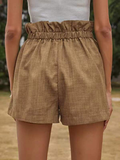 Shorts à enfiler à volants et cordon de serrage texturés de couleur unie pour femmes