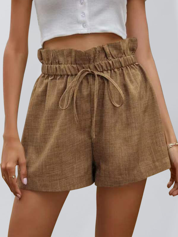 Shorts à enfiler à volants et cordon de serrage texturés de couleur unie pour femmes