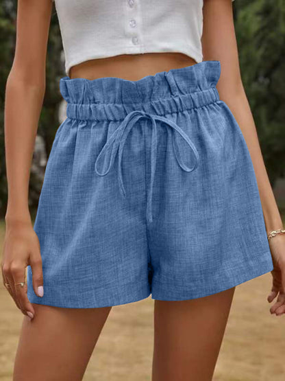 Shorts à enfiler à volants et cordon de serrage texturés de couleur unie pour femmes