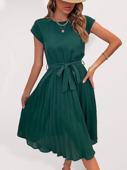 Robe midi plissée unie à manches courtes pour femme
