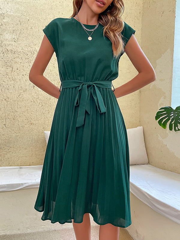 Robe midi plissée unie à manches courtes pour femme