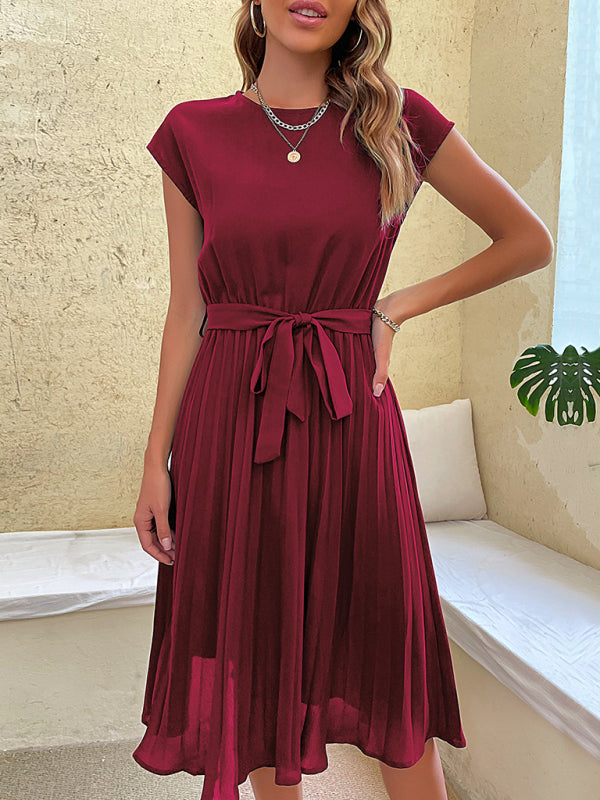 Robe midi plissée unie à manches courtes pour femme