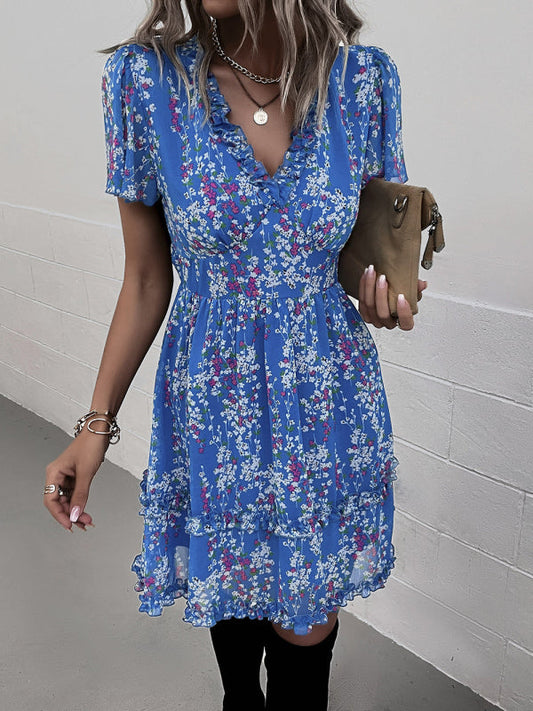 Women's Floral Print Flutter Sleeve Faux Wrap Mini Dress