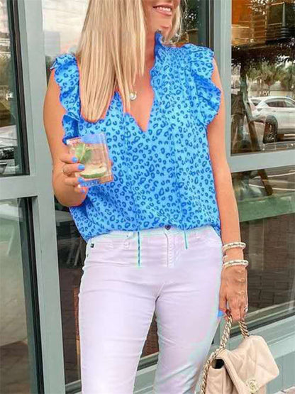Women's Leopard Print Tie Neck Flutter Sleeve Blouse