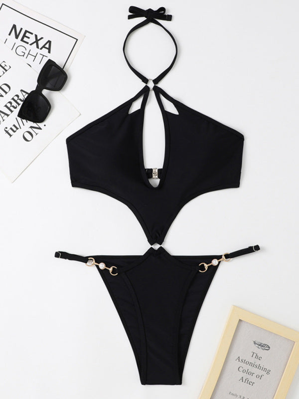 Nouveau maillot de bain une pièce multicolore ajouré, sexy, avec chaîne de perles et décolleté dos nu