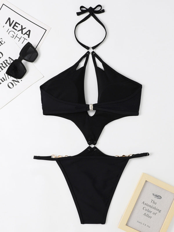Nouveau maillot de bain une pièce multicolore ajouré, sexy, avec chaîne de perles et décolleté dos nu