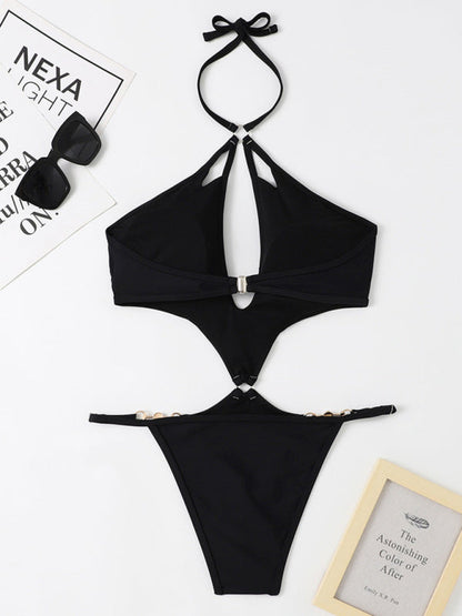 Nouveau maillot de bain une pièce multicolore ajouré, sexy, avec chaîne de perles et décolleté dos nu