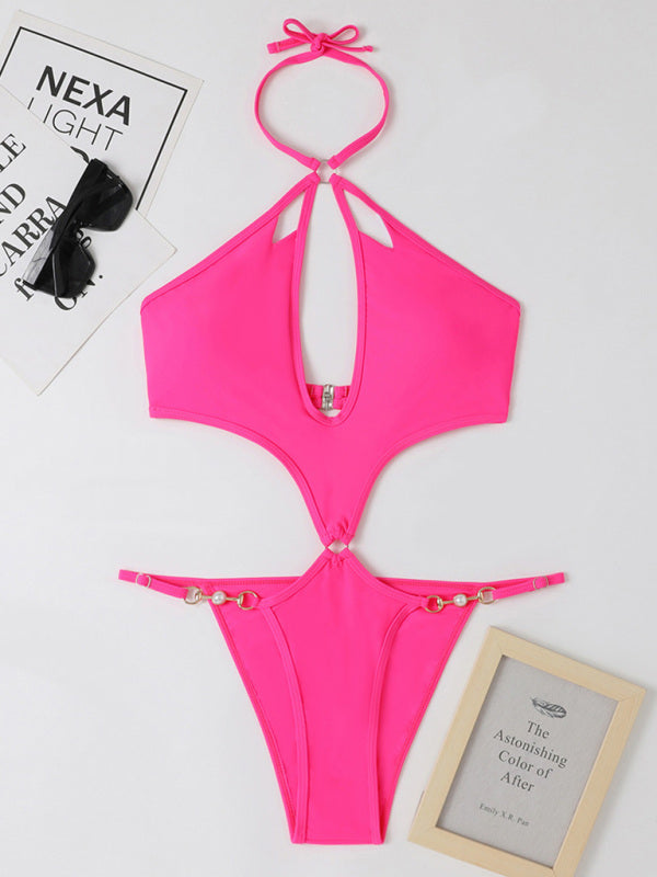 Nouveau maillot de bain une pièce multicolore ajouré, sexy, avec chaîne de perles et décolleté dos nu