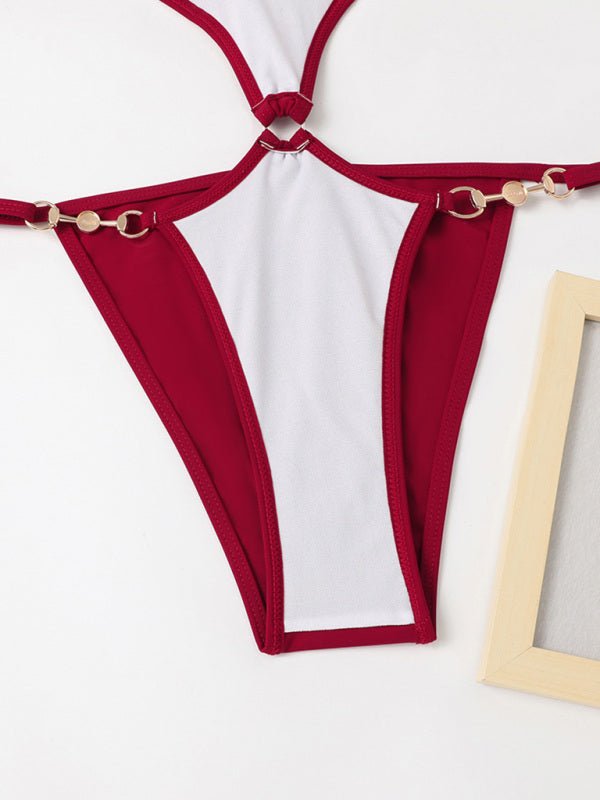 Nouveau maillot de bain une pièce multicolore ajouré, sexy, avec chaîne de perles et décolleté dos nu