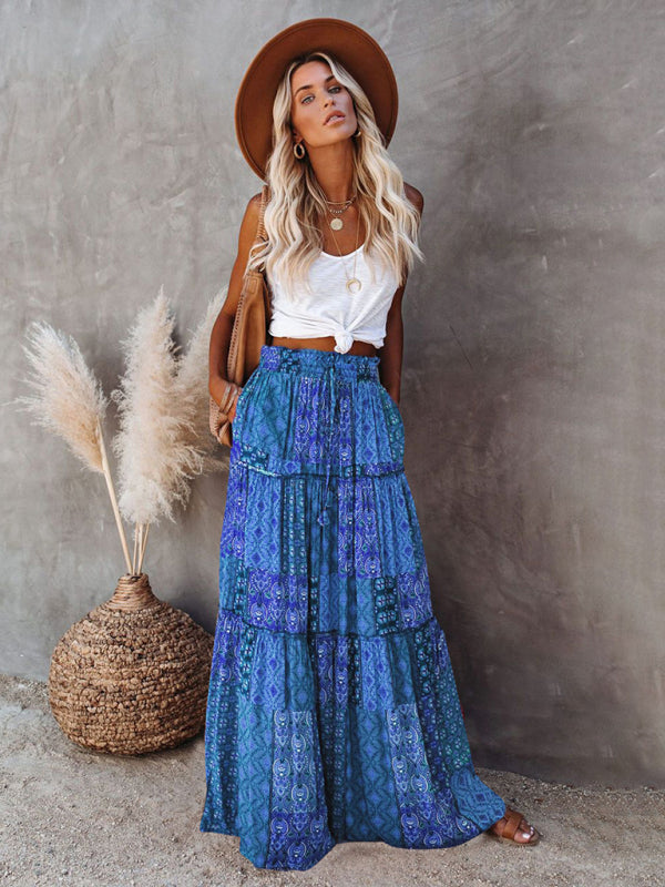 Nouvelle jupe style bohème européenne et américaine décontractée ample taille haute longue
