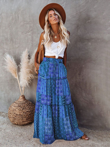 Nouvelle jupe style bohème européenne et américaine décontractée ample taille haute longue