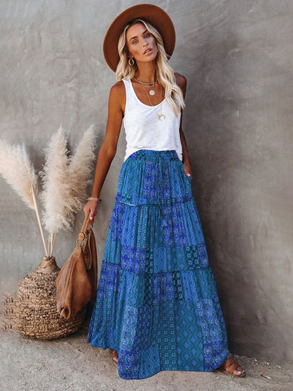 Nouvelle jupe style bohème européenne et américaine décontractée ample taille haute longue