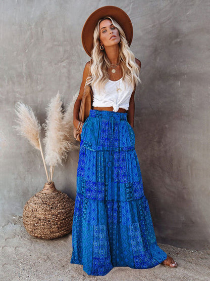 Nouvelle jupe style bohème européenne et américaine décontractée ample taille haute longue