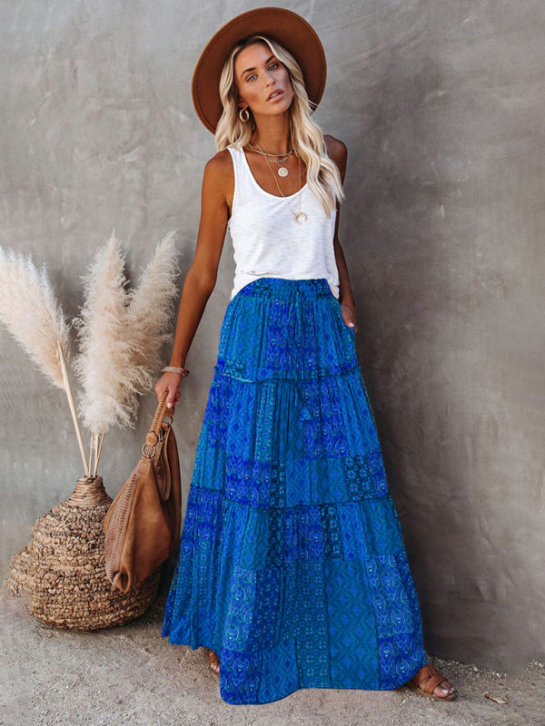 Nouvelle jupe style bohème européenne et américaine décontractée ample taille haute longue