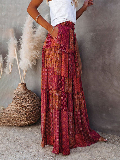 Nouvelle jupe style bohème européenne et américaine décontractée ample taille haute longue