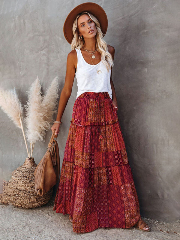 Nouvelle jupe style bohème européenne et américaine décontractée ample taille haute longue