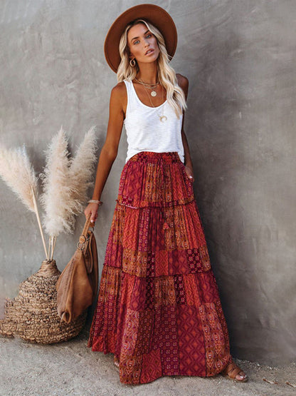 Nouvelle jupe style bohème européenne et américaine décontractée ample taille haute longue