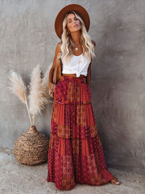Nouvelle jupe style bohème européenne et américaine décontractée ample taille haute longue