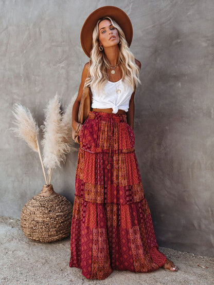 Nouvelle jupe style bohème européenne et américaine décontractée ample taille haute longue