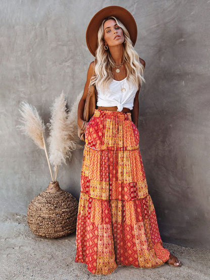 Nouvelle jupe style bohème européenne et américaine décontractée ample taille haute longue