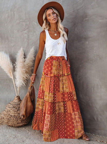 Nouvelle jupe style bohème européenne et américaine décontractée ample taille haute longue