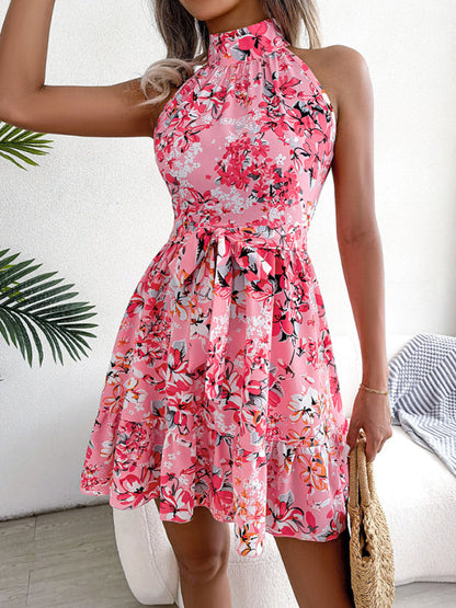 Women's Elegant Lace-Up Ruffled Floral Dress