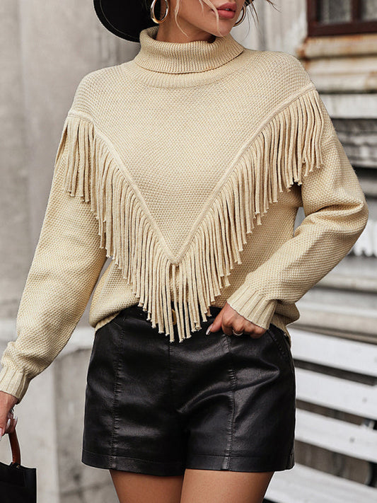 Pull ample à col roulé tricoté à franges pour femme