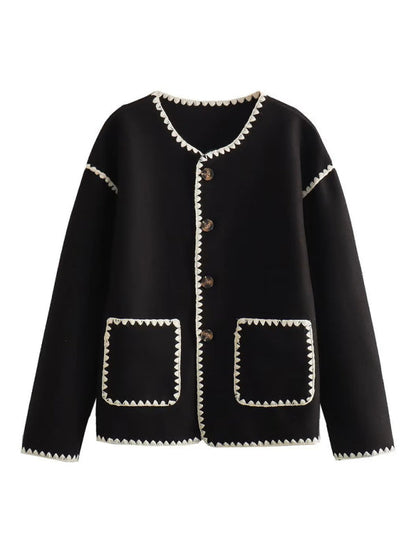 Veste en tricot pour femme, nouveau style, col rond, ample, blocs de couleurs, boutonnée
