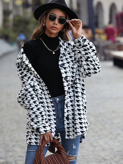 Women's Plush Women's Long Sleeve Loose Houndstooth Jacket
