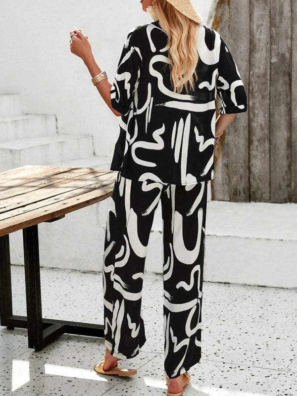 Nouvel ensemble de vacances pour femme : chemise à manches courtes à revers imprimée et pantalon décontracté