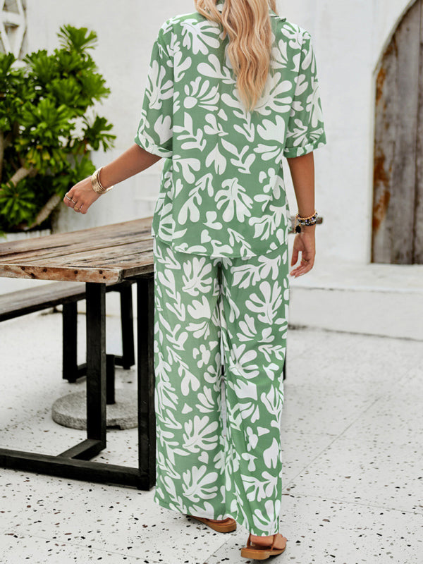 Nouvel ensemble de vacances pour femme : chemise à manches courtes à revers imprimée et pantalon décontracté